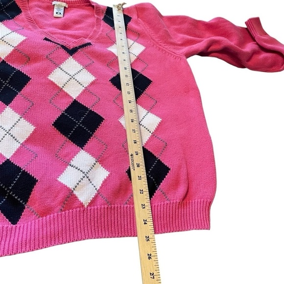 IZOD GOLF Ladies 100% Cotton ARGYLE V Neck Sweater Pink/White/Black- Size Large - Picture 6 of 8